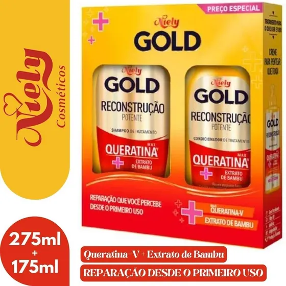 Kit Shampoo 275ml + Condicionador 175ml Niely Gold Queratina