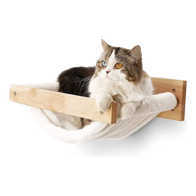 Cama De Gato Fijada Con Estante De Madera Blanca Y Flanela