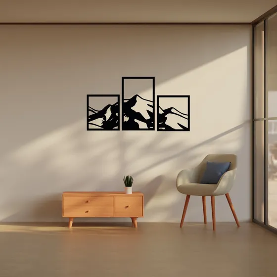 Cuadro Montañas Triptico Madera Mdf Negro 80x40cm