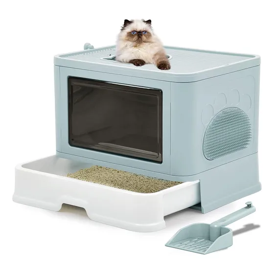 Banheiro Gato Fechado Filtro Anti-odor Pá Coçadinha Luxo Cor Azul