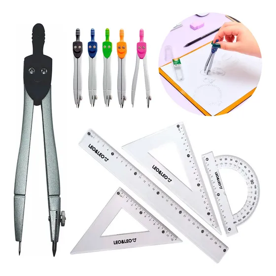 Kit Geométrico Régua, Transferidor, 2 Esquadros + Compasso Cor Sortido