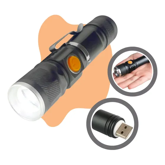 Mini Lanterna Tática Led T6 Potente Farol Recarregável Usb Zoom 3 Modos Militar Longo Alcance Cor da Lanterna Preto Cor da Luz Branco