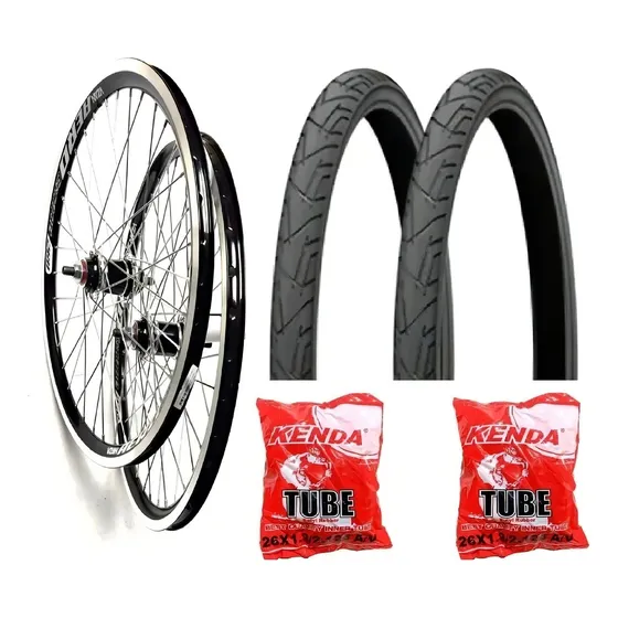 Par De Rodas Aro 26 Aero Raio Grosso Bike + 2pneu + 2camara Cor Preto