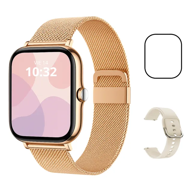 Smartwatch - Reloj Inteligente Con 2 Mallas Dorado