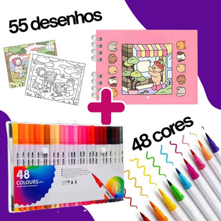 Kit De Livro Para Colorir + 48 Canetas De Ponta Dupla Kit De Livro Para Colorir + 48 Canetas De Ponta Dupla