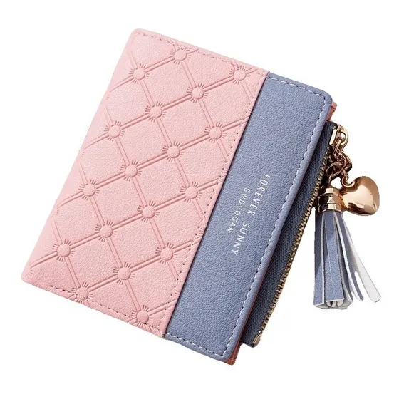 Billetera Tarjetero Monedero Elegante De Mujer Eco Cuero Color Rosa con Gris - Corta 11cm*9cm