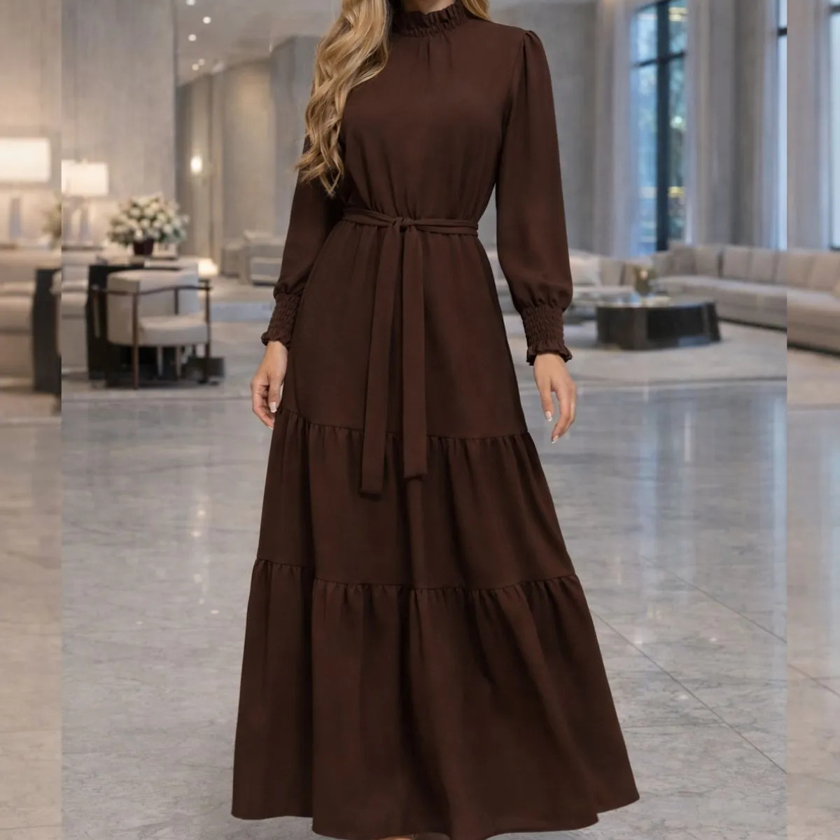 Vestido Longo Feminino Manga Longa Gola Alta Vestido Longo Feminino Manga Longa Gola Alta
