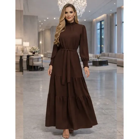 Vestido Longo Feminino Manga Longa Gola Alta Evangélico Luxo