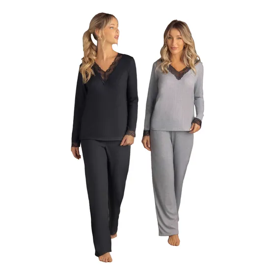 Pijama Lencatex Manga Larga Morley Viscosa Puntilla  Mujer