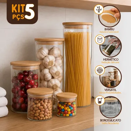 Kit 5 Potes Herméticos Vidro Tampa Bambu Redondo Organizador Temperos Porta Mantimentos