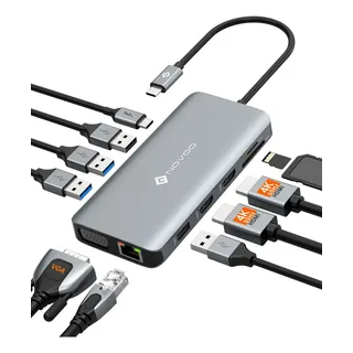 Novoo Hub Usb Tipo C 11 En 1 Adaptador Usb C Multipuer To Docking Station Con Dual Hdmi 4k Vga Ampliación A Tres... Plateado