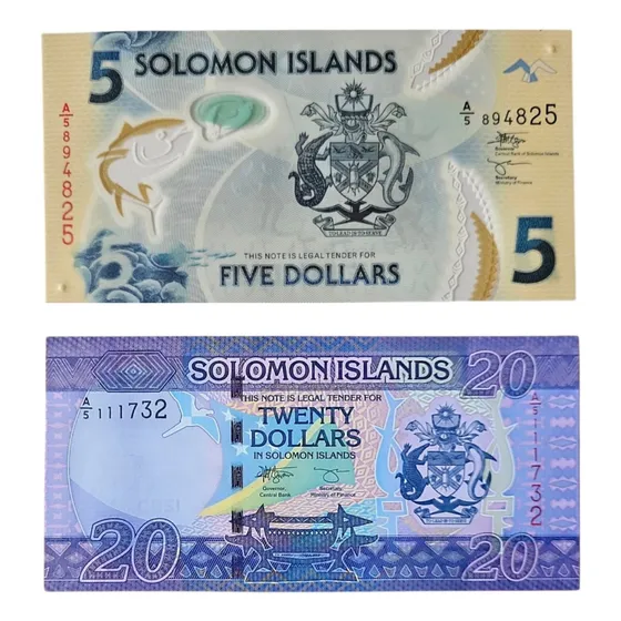 Lote 2 Billetes Salomon Islands 5 Y 20 Dolares 2021 Y 2022