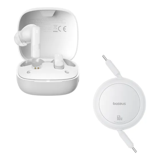 Baseus Kit Audífonos Bluetooth Bowie E20 6 Horas de reproducción Control Touch Micrófono Incorporado Anc Cancelación De Ruido + Cable Retractil 1 Metro Tipo C A Tipo C-tipo C 60w Blanco carga rápida