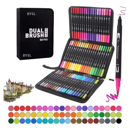 Kit 60 Canetas Ponta Dupla Brush Pen Fine Line Dual Touch Estojo Bolsa Conjunto Canetinhas Cores Vibrantes Profissional Escolar Colorir Preto Colorido