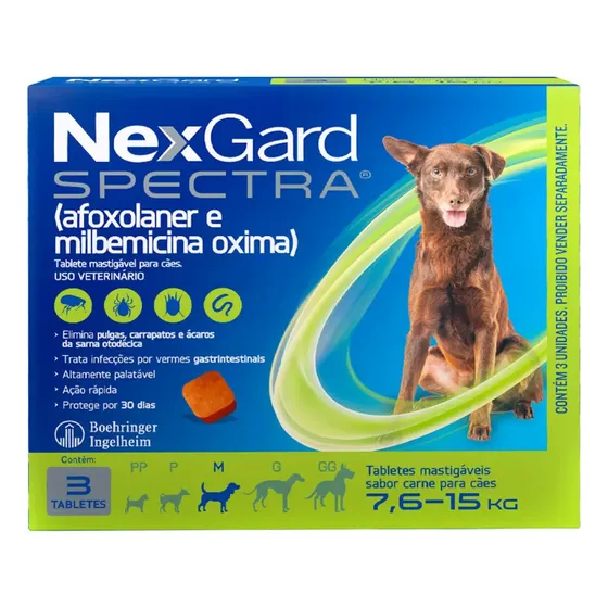 NexGard Spectra 3 Tabletes para Cães 7,6 a 15 kg Contra Pulgas, Carrapatos e Vermes Intestinais