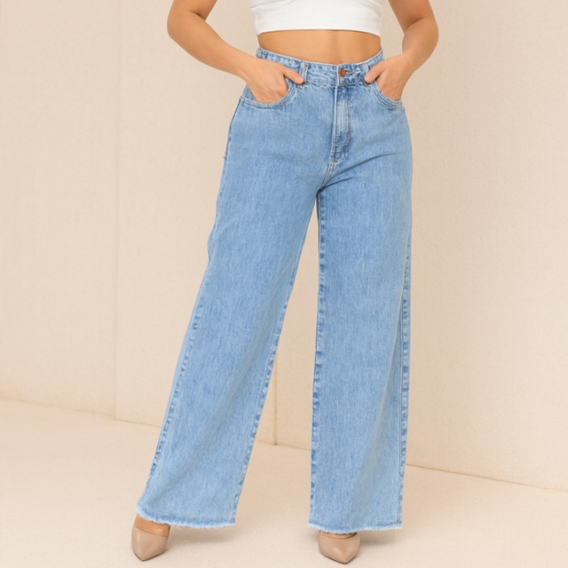 Calça Wide Leg Jeans Feminina Cintura Alta Levanta Bumbum
