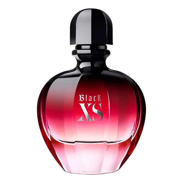 Frasco de perfume Rabanne Black XS for Her de 80ml com design em vidro degradê preto e vermelho e tampa preta