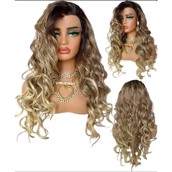 Front Lace Mechas Loira Cacheada Longa Luzes