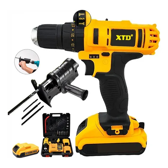 Taladro Percutor 24v Inalámbrico + Adaptador Caladora Color Amarillo