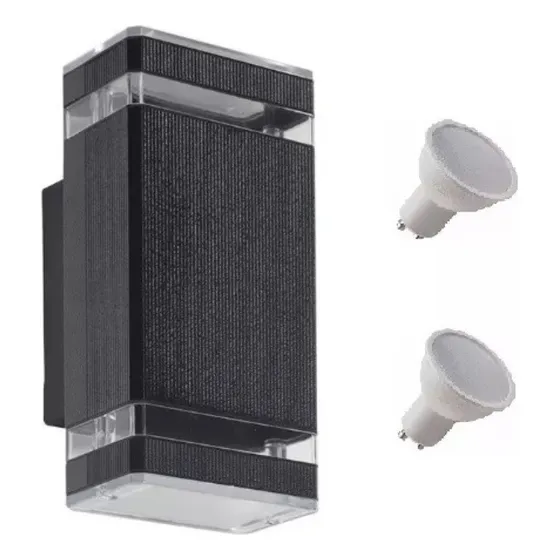 Aplique Pared Bidireccional Aluminio + 2 Dicroicas Led 7w Estructura Negro Cálido