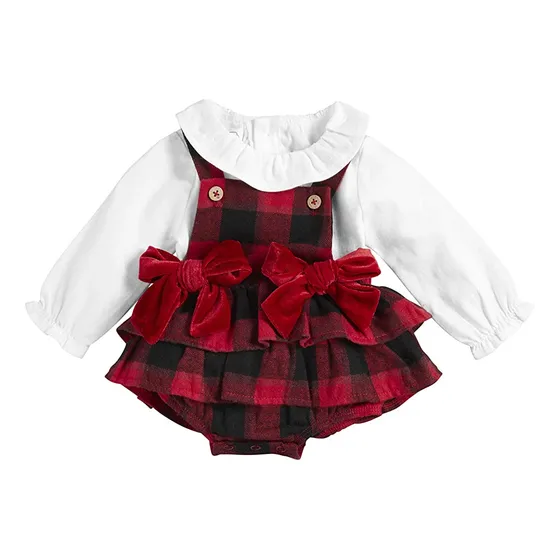 Mud Pie Baby Girls' Red Buffalo Check Pinafore Set, 3-6 Mese