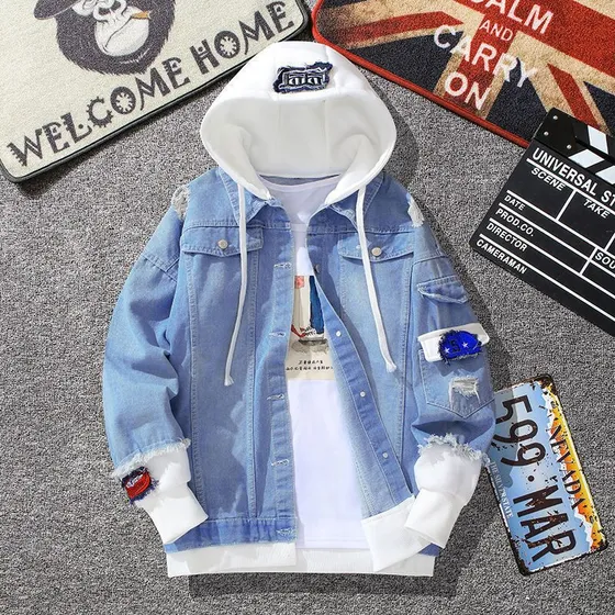 Chaqueta De Jean Streetwear Hip Hop Con Capucha