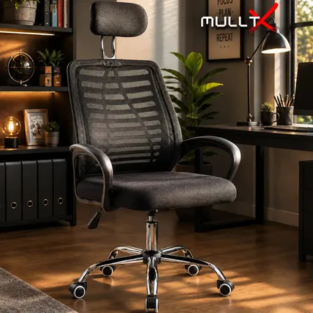 Cadeira De Escritório MULLTX Giratória Estofado Mesh Cor Preto Com Suporte Para Lombar Altura Ajustável
