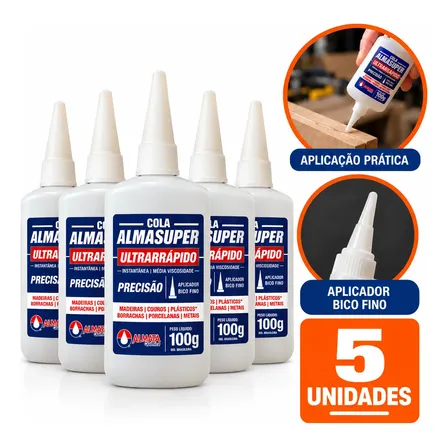 Cola Instantânea Almasuper 100g Precisão Bico Fino Kit C/5 Incolor
