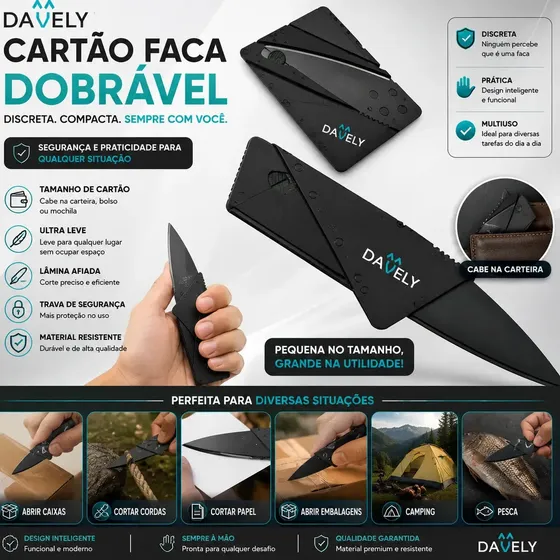 Cartão Faca Lamina Afiada Dobrável Portátil Tática Sobrevivência Camping Pesca Viagem Compacta Multiuso Carteira Autodefesa Segurança Outdoor Cor Preto Ferramenta De Corte Marca Davely
