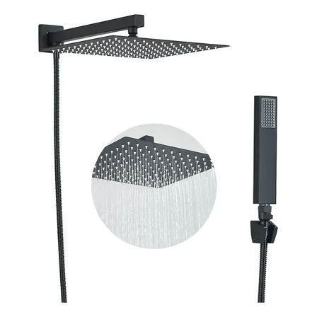 Chuveiro 30x30cm Com Mangueirinha Desviador Ducha E Suport Preto Preto Fosco