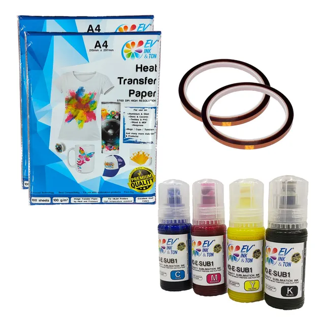 Kit 4 Tinta Sublimación 70mlc/u 200hj Papel 2 Cinta Térmica Tinta Cmyk