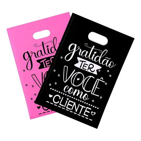 Kit 100 Sacola Plástica Duas Cores 30x40 Estampada Alça Rosa/preto Gratidão