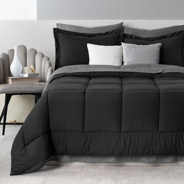 Set 7 Pzas. Edredón Matrimonial incluye Fundas de almohada y Juego de Sabanas Real Textil Negro/Gris