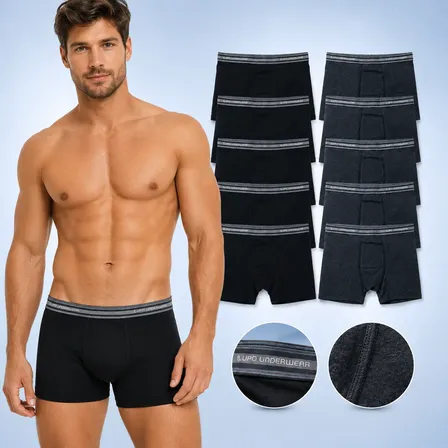 Kit 10 Cuecas Boxer Lupo Masculina Algodão Original Box 5 Pretos E 5 Chumbo Liso M - 42/44