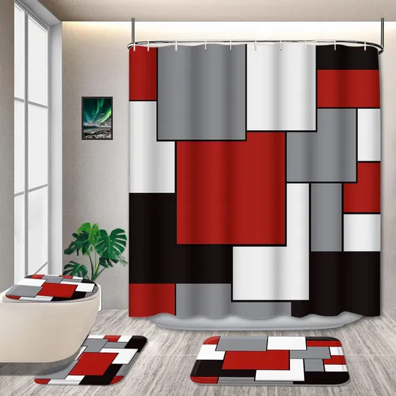 4 Cortina Ducha Geometrica Roja Negra Moderno Baño 12