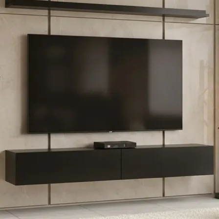 Rack Tv 65 Pol. Suspenso 183cm 2 Portas E Prateleira Preto Preto