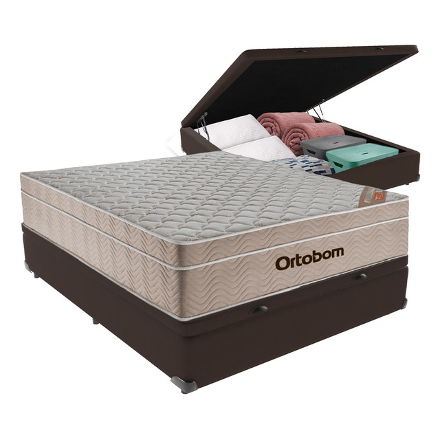 Cama Box Molas Ensacadas Baú Casal Colchão Airtech Ortobom Cor Marrom Cama Box Molas Ensacadas Baú Casal Colchão Airtech Ortobom Cor Marrom