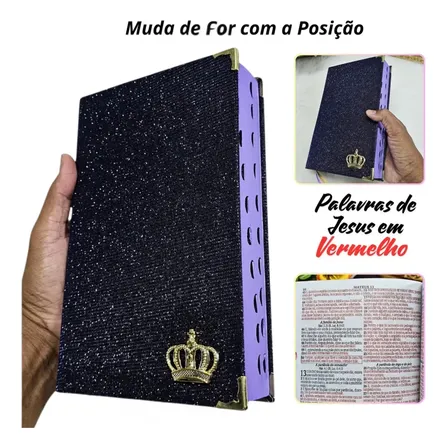 Bíblia Feminina Roxa Glitter Letras Médias Luxo João Ferreira De Almeida Revista Corrigida Palavras De Jesus Em Vermelho Harpa Índice