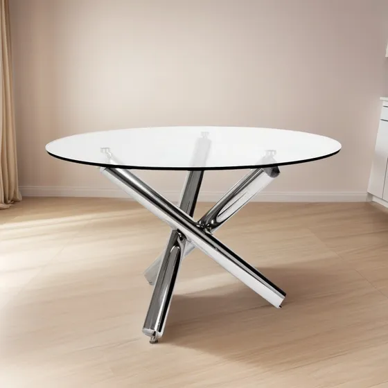 Mesa De Comedor Redonda De Vidrio 1 M Patas Cromadas 