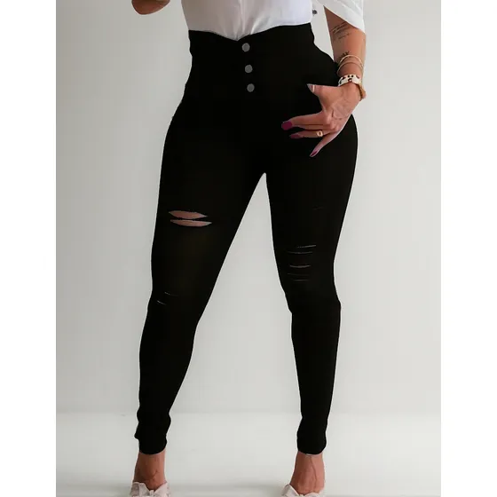 Pantalones De Mujer Vaqueros Negros Rotos Slim Fit