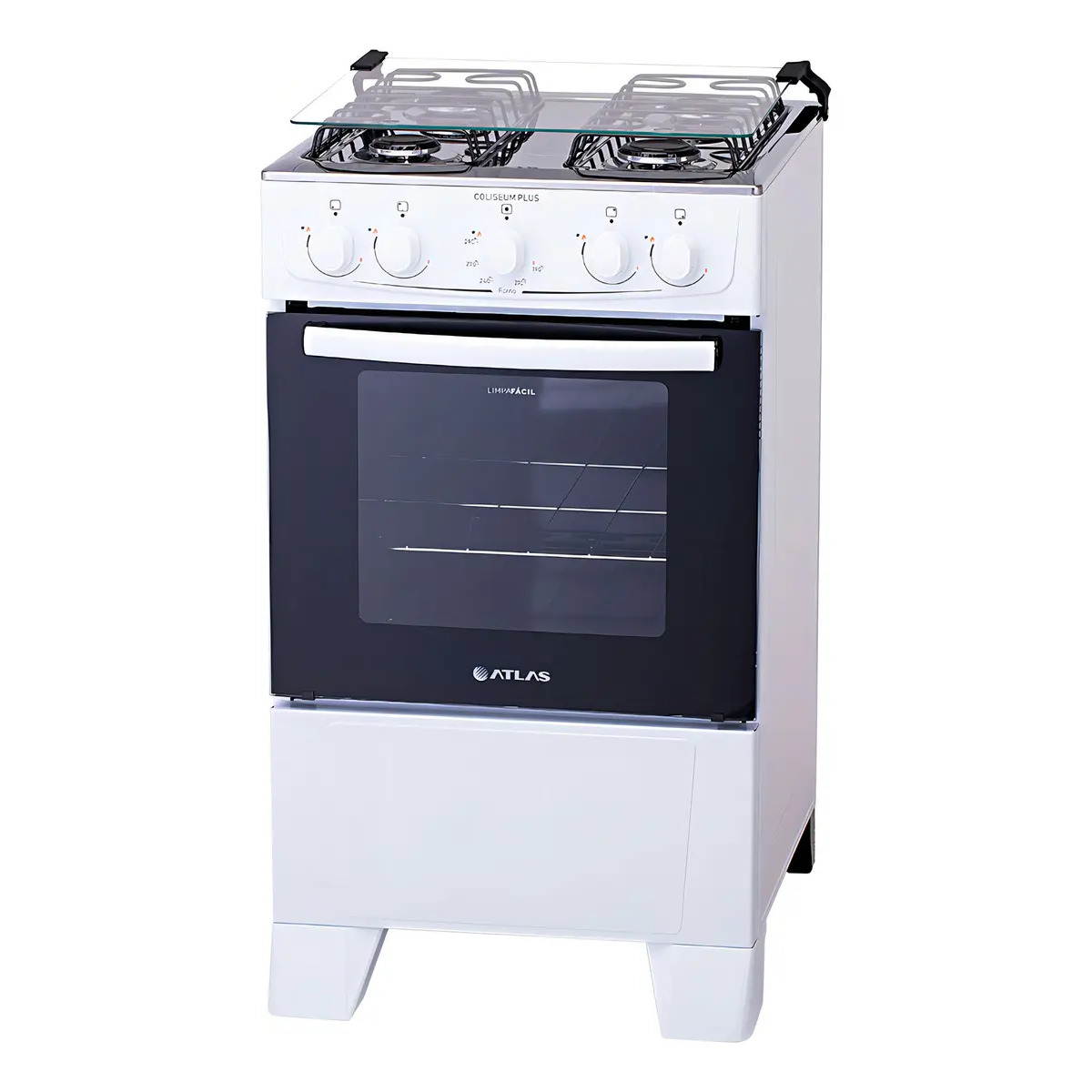 Fogão de chão Atlas Coliseum Plus A Gás 4 queimadores Branco com Mesa de Inox Porta com visor e Forno de 50 Litros Fogão de chão Atlas Coliseum Plus A Gás 4 queimadores Branco com Mesa de Inox Porta com visor e Forno de 50 Litros