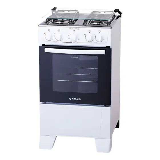 Fogão de chão Atlas Coliseum Plus A Gás 4 queimadores Branco com Mesa de Inox Porta com visor e Forno de 50 Litros