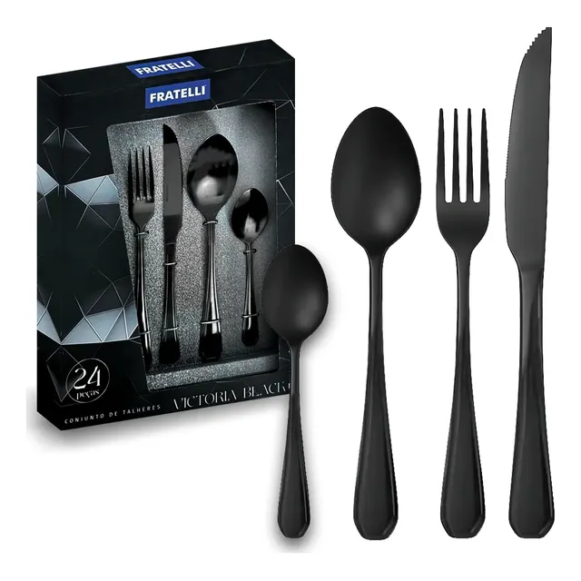 Jogo Talher Garfo Faca 24 Peças Victoria Black Aço Inox Luxo Preto