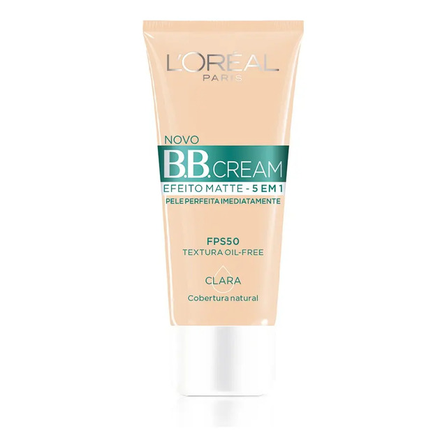 Bisnaga de B.B. Cream L'Oréal Paris cor clara com embalagem bege e detalhes em verde, destacando o FPS 50 e efeito matte