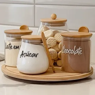 Própria Kit 5 Peças Potes E Bandeja Giratória De Bambu Natural / Madeira E Vidro