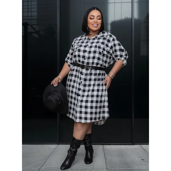 Vestido Plus Size Chemise Xadrez Com Cinto G2 G3