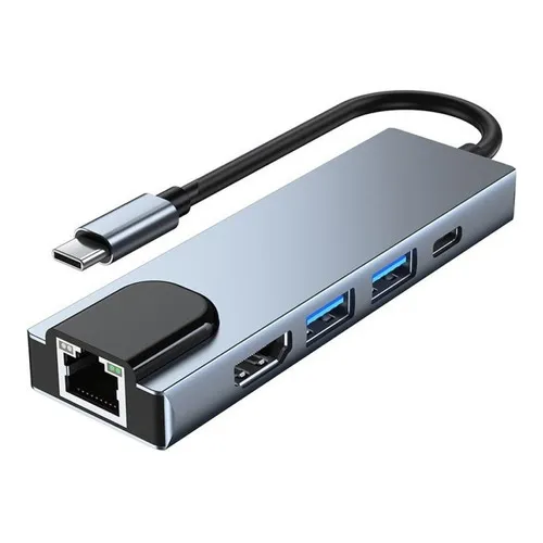 BYL-2007 adaptador hub tipo c 5 en 1 ethernet hdmi usb 3.0 pd Gris