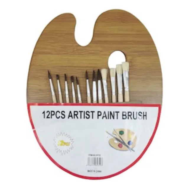 Paleta De Madera + 12 Pinceles Para Pintura Dibujo Artístico