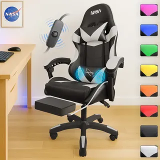 Silla Gamer Ergonómica N.a.s.a Marte Blanca Masajeadora Reclinable Cuero Pu