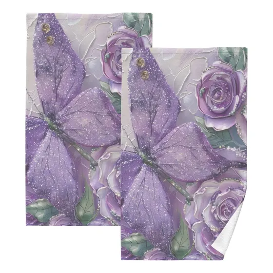Toalla Baño 2 16 X 28  Estampado Flor Mariposa Morada Agua
